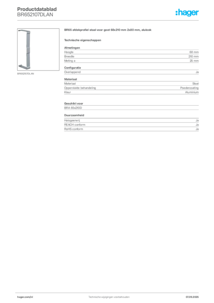 Afbeelding Hager Productdatablad BR652107DLAN | Hager Nederland