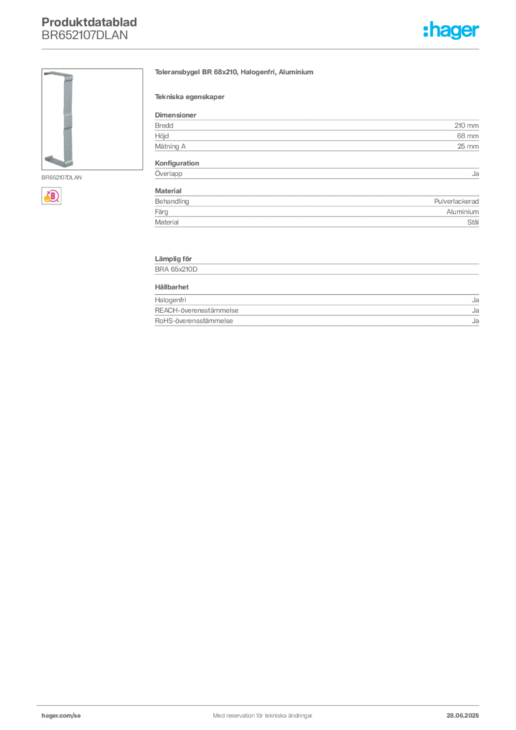 Bild Hager Produktdatablad BR652107DLAN | Hager Sverige