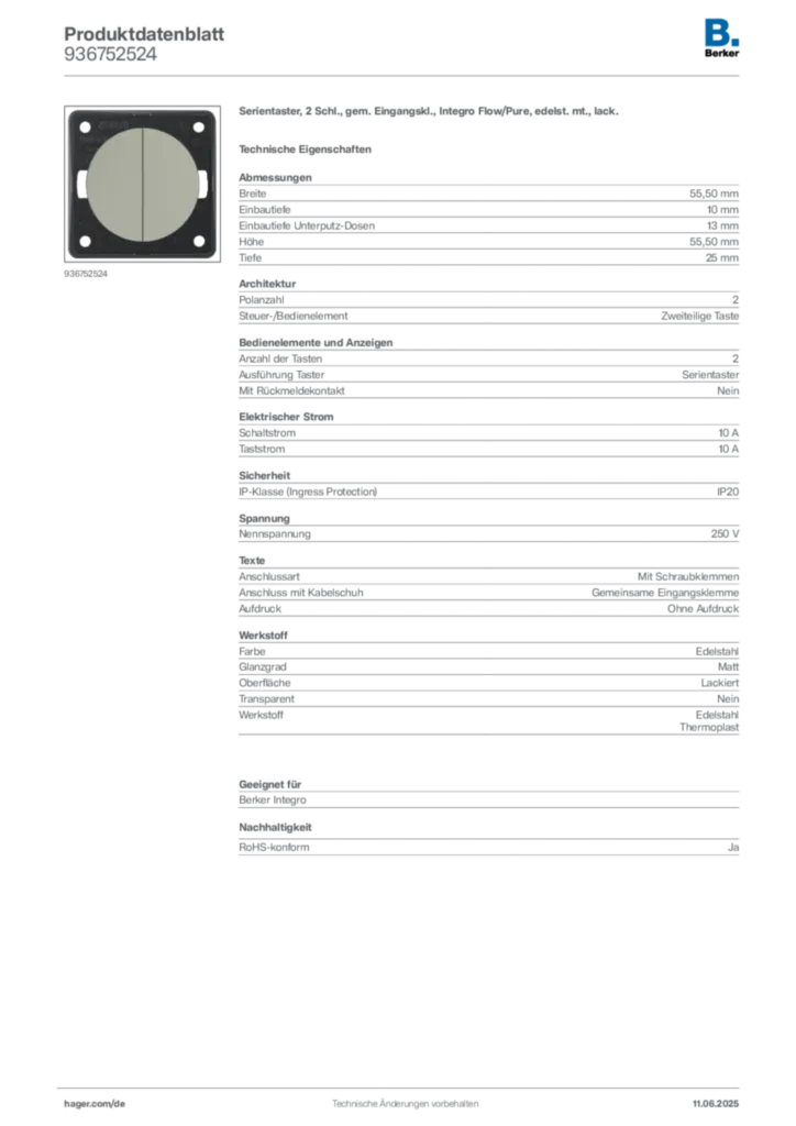 Bild Berker Produktdatenblatt 936752524 | Hager Deutschland