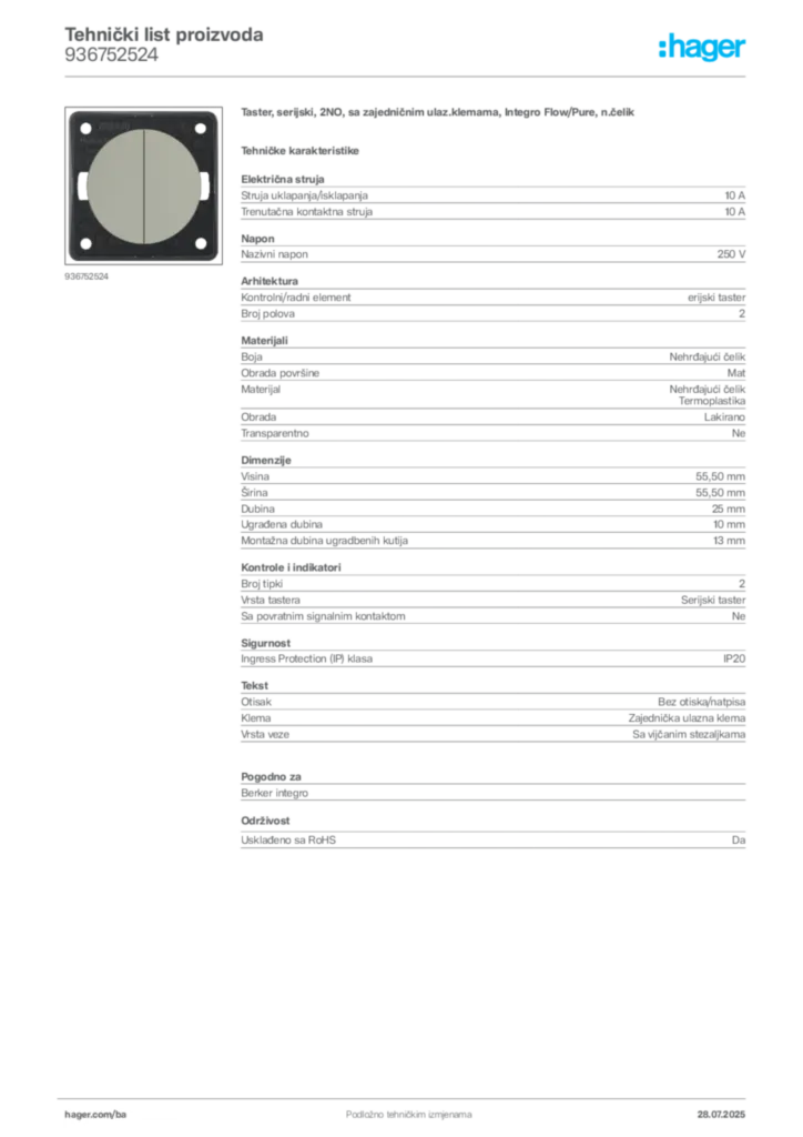Slika Hager Product data sheet 936752524  | Hager
