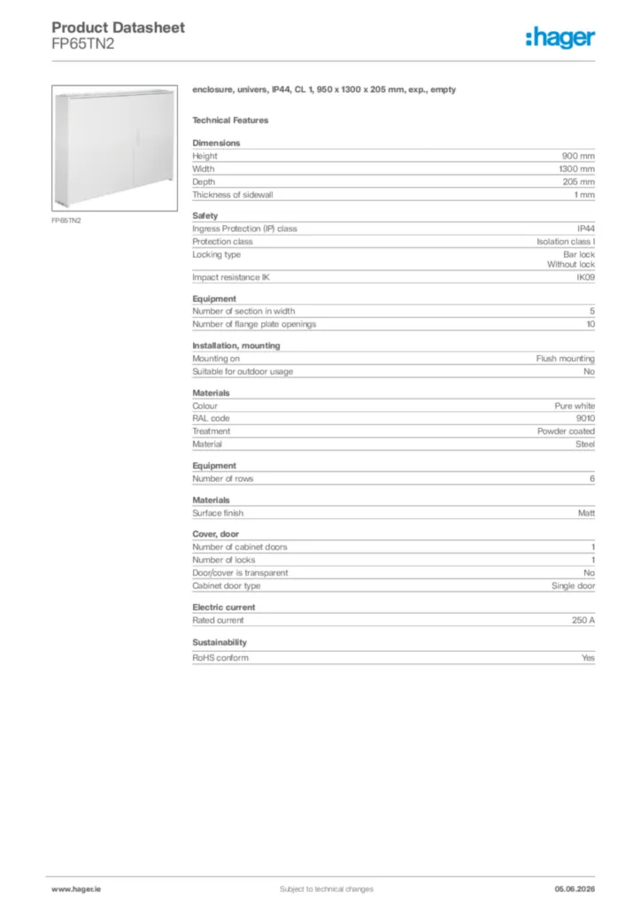 Image Hager Product data sheet FP65TN2  | Hager