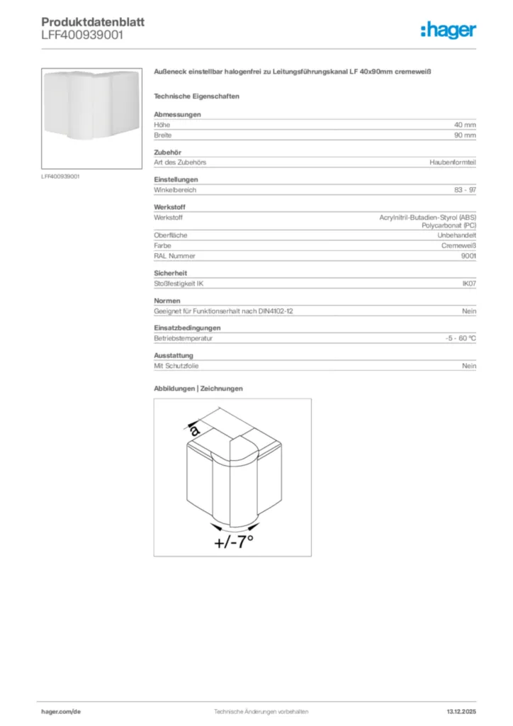 Bild Hager Produktdatenblatt LFF400939001 | Hager Deutschland