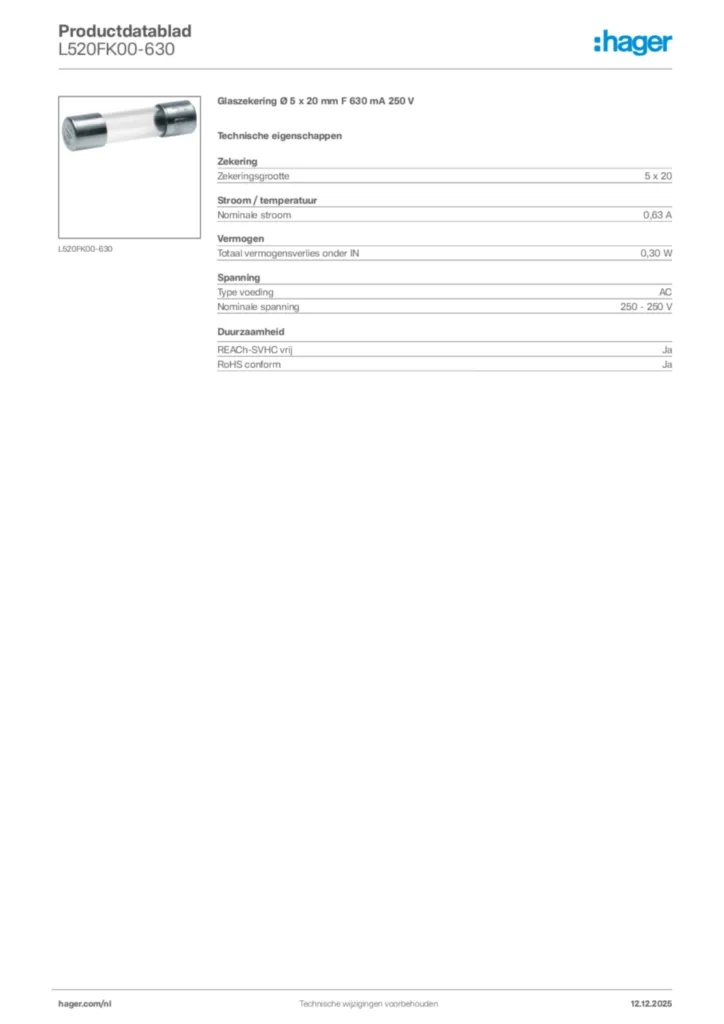 Afbeelding Hager Productdatablad L520FK00-630 | Hager Nederland
