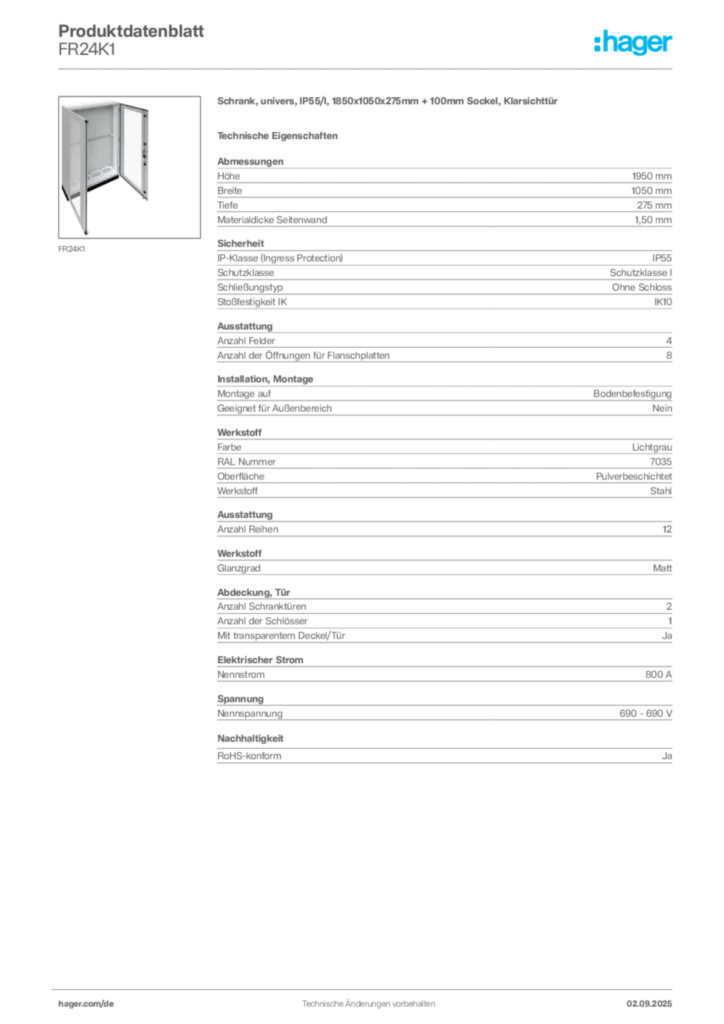 Hager Produktdatenblatt FR24K1