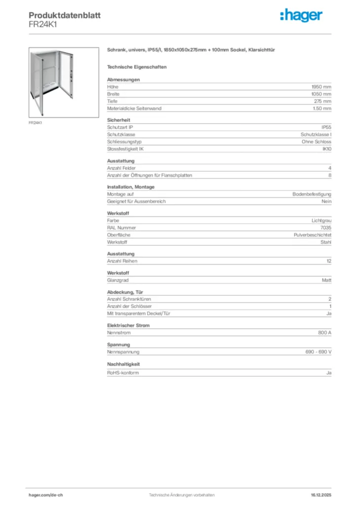 Bild Hager Produktdatenblatt FR24K1 | Hager Schweiz