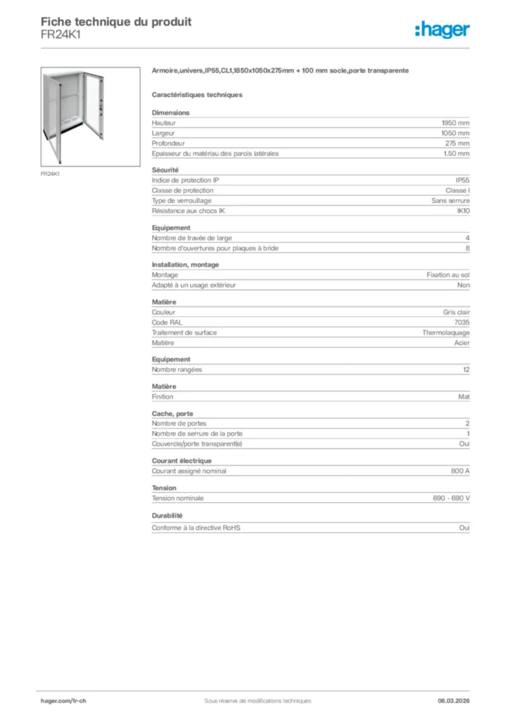 Image Hager Fiche technique du produit FR24K1 | Hager Suisse