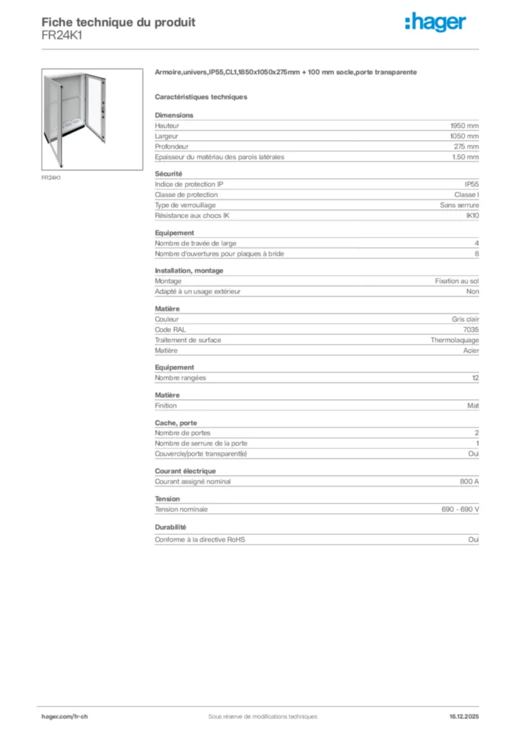 Image Hager Fiche technique du produit FR24K1 | Hager Suisse