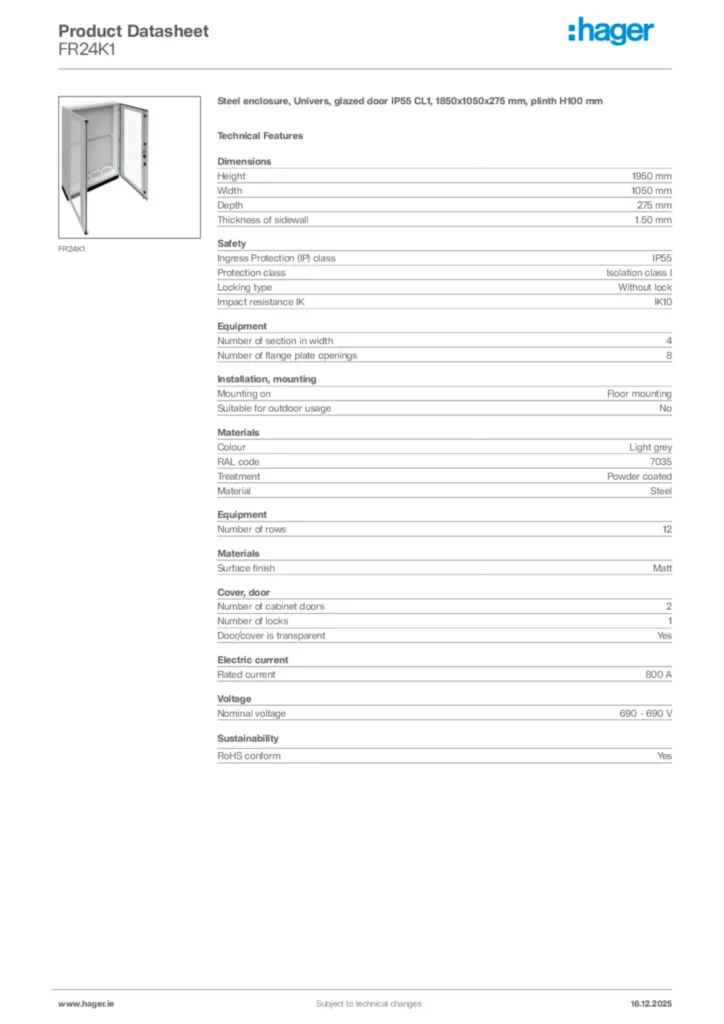Image Hager Product data sheet FR24K1  | Hager