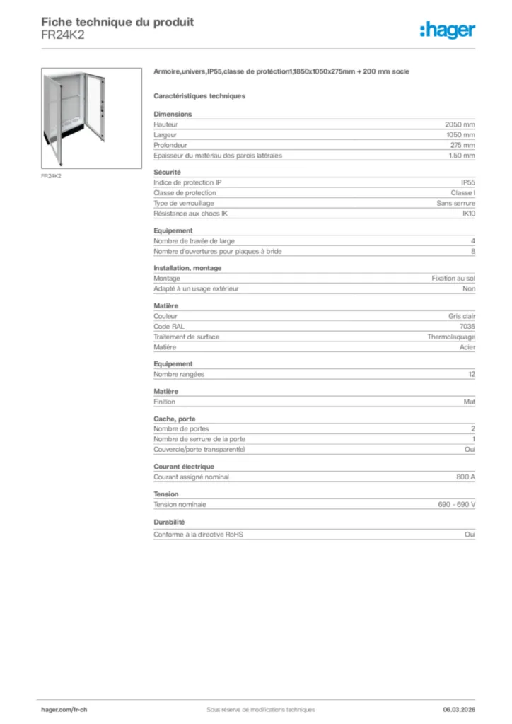 Image Hager Fiche technique du produit FR24K2 | Hager Suisse