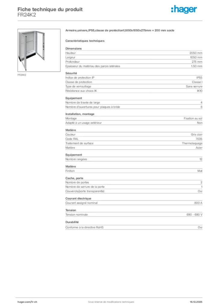 Image Hager Fiche technique du produit FR24K2 | Hager Suisse