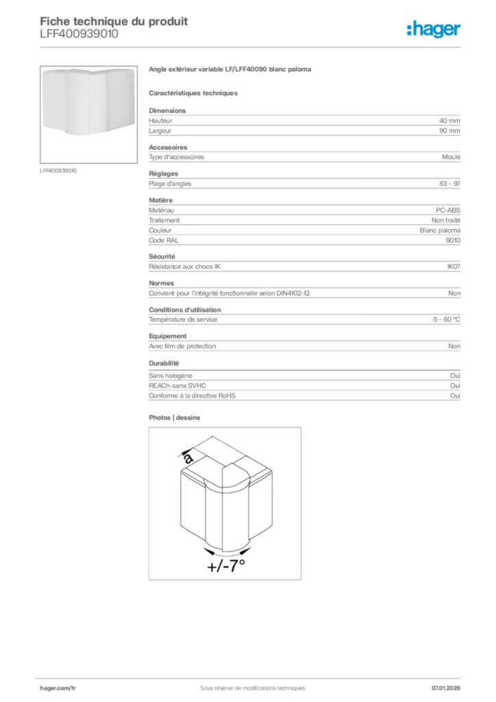 Image Hager Fiche technique du produit LFF400939010 | Hager France