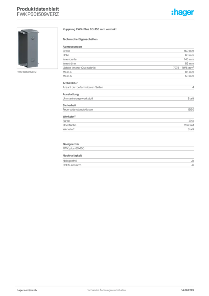 Bild Hager Produktdatenblatt FWKP601509VERZ | Hager Schweiz