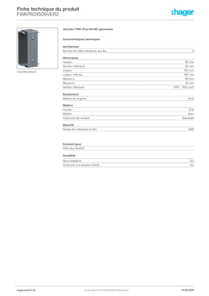 Image Hager Fiche technique du produit FWKP601509VERZ | Hager Suisse