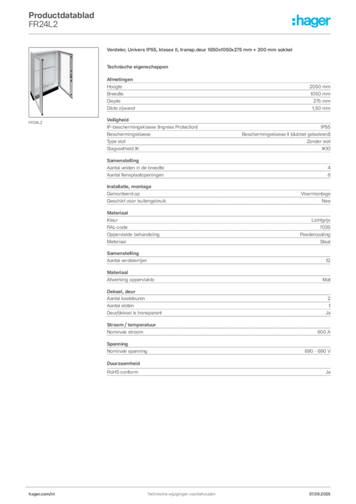 Afbeelding Hager Productdatablad FR24L2 | Hager Nederland