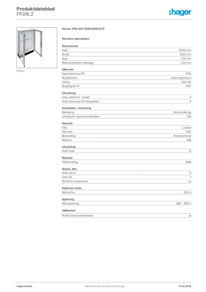 Bild Hager Produktdatablad FR24L2 | Hager Sverige