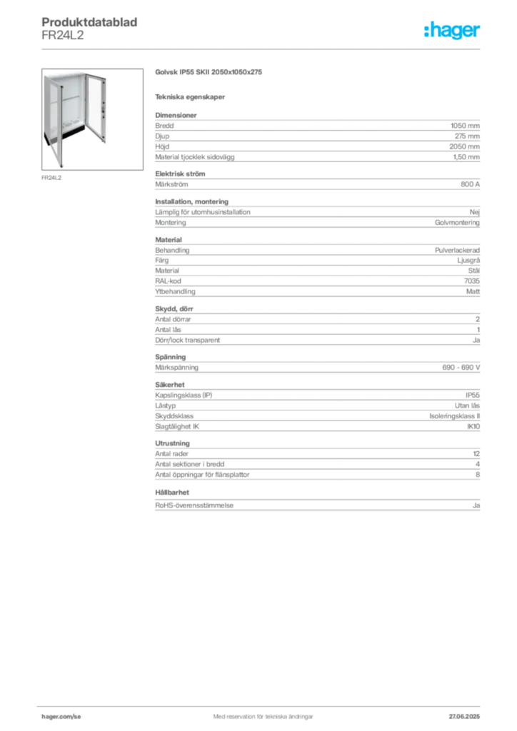 Bild Hager Produktdatablad FR24L2 | Hager Sverige
