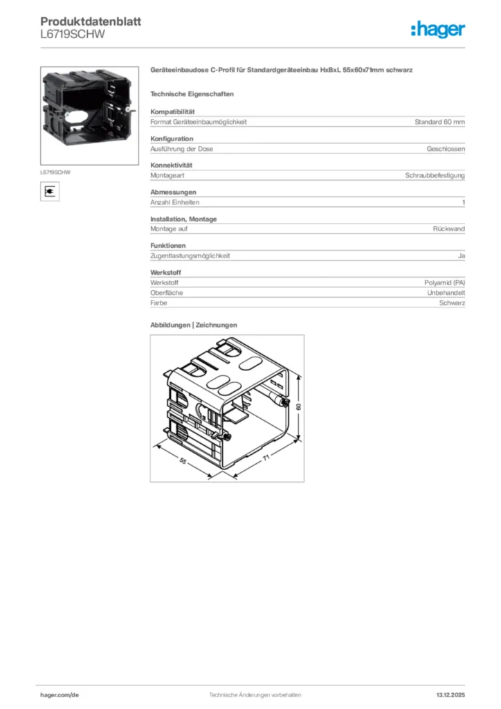 Bild Hager Produktdatenblatt L6719SCHW | Hager Deutschland