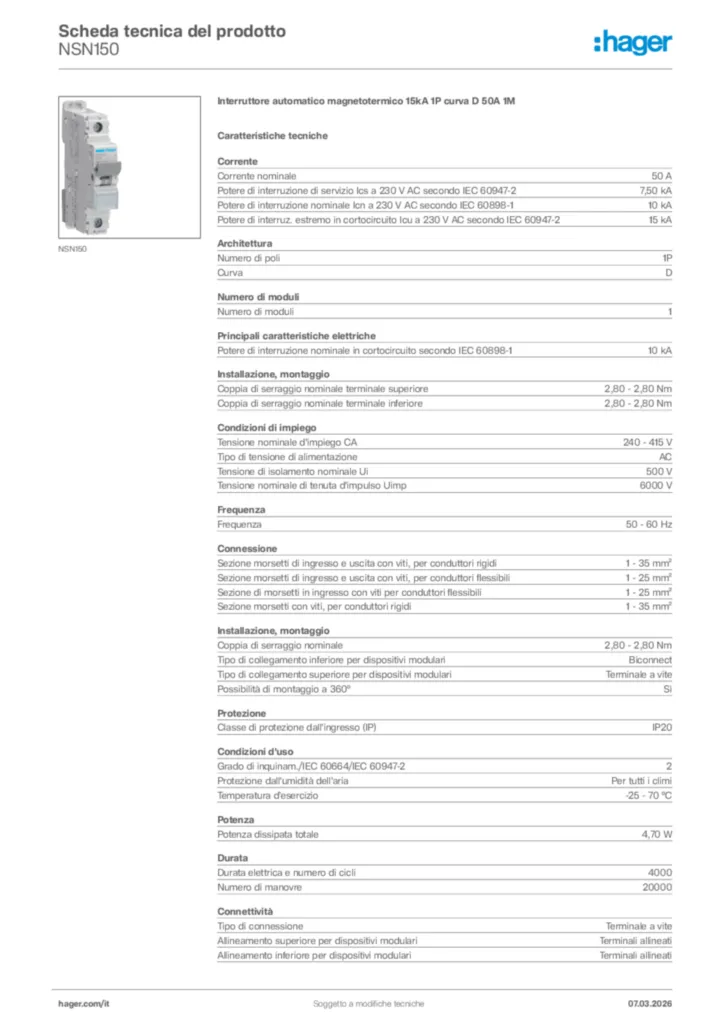 Immagine Hager Scheda tecnica del prodotto NSN150 | Hager Italia