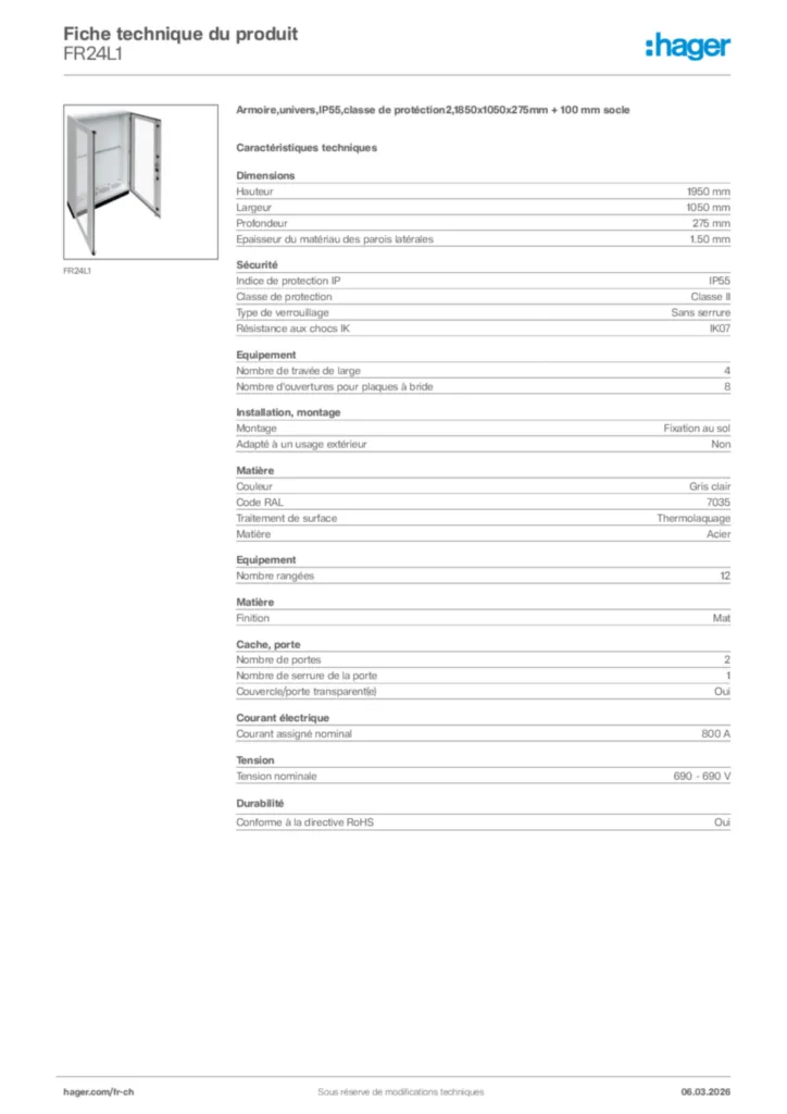 Image Hager Fiche technique du produit FR24L1 | Hager Suisse