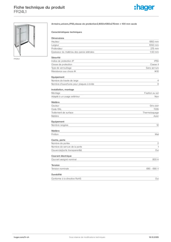 Image Hager Fiche technique du produit FR24L1 | Hager Suisse