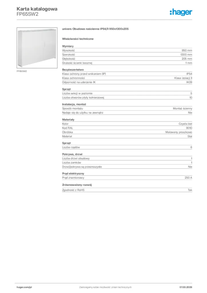 Zdjęcie Hager Karta katalogowa FP65SW2 | Hager Polska