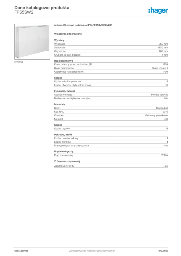 Zdjęcie Hager Karta katalogowa FP65SW2 | Hager Polska