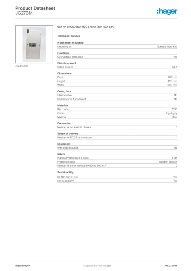 Image Hager Product data sheet JG27BM  | Hager