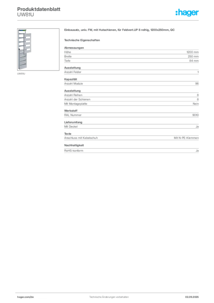 Bild Hager Produktdatenblatt UW81U | Hager Deutschland