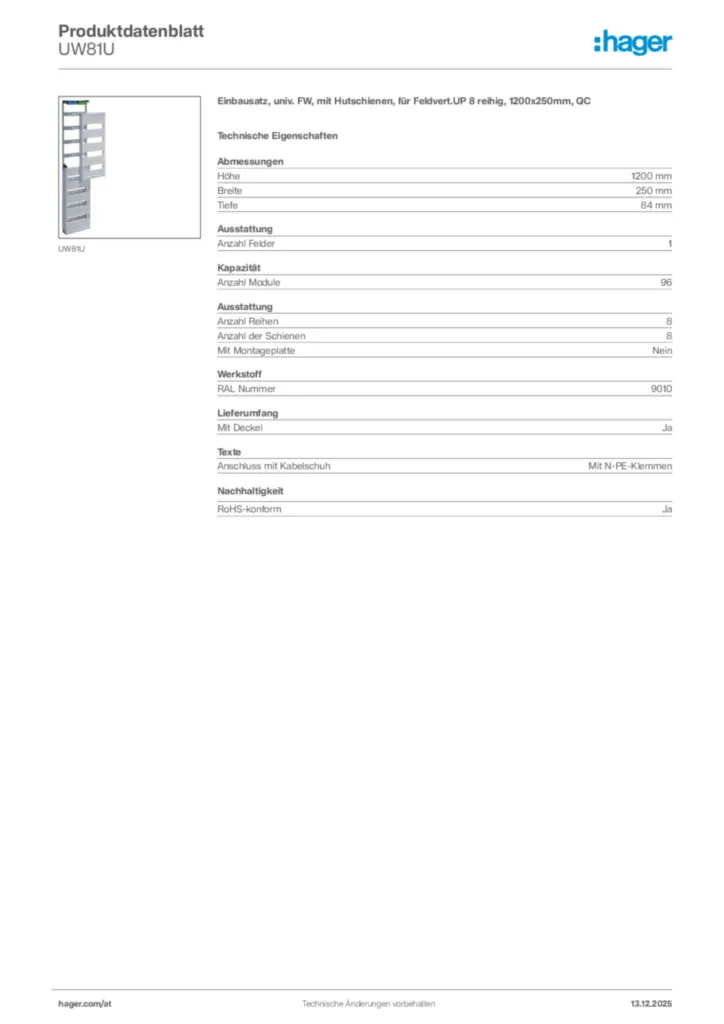 Bild Hager Produktdatenblatt UW81U | Hager Deutschland