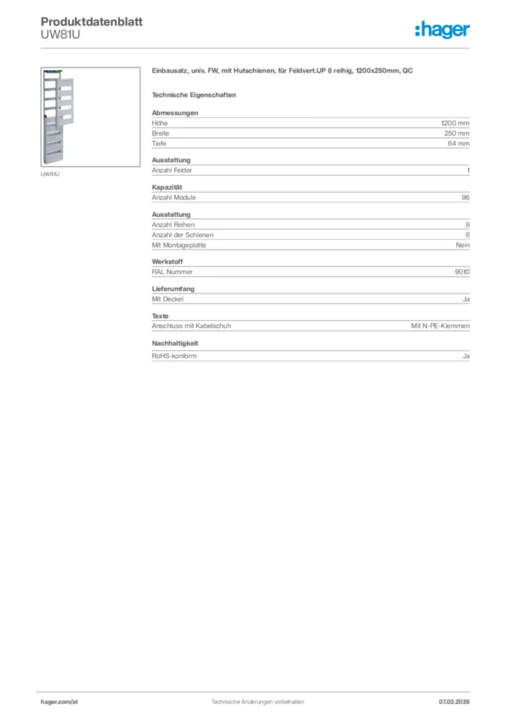 Bild Hager Produktdatenblatt UW81U | Hager Deutschland