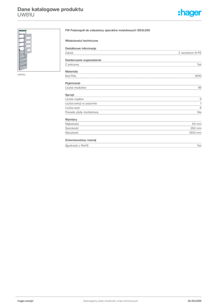 Zdjęcie Hager Karta katalogowa UW81U | Hager Polska