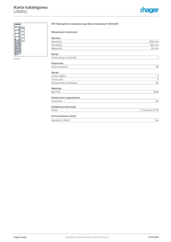 Zdjęcie Hager Karta katalogowa UW81U | Hager Polska
