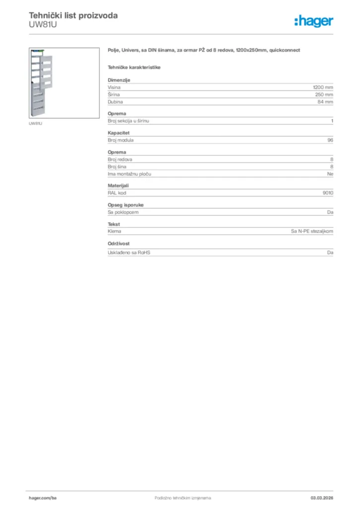 Slika Hager Tehnički list proizvoda UW81U  | Hager