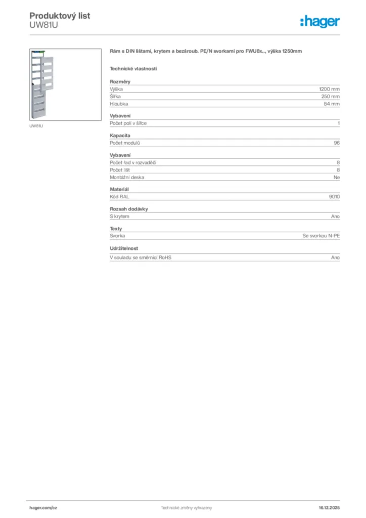 Obrázek Hager Produktový list UW81U | Hager