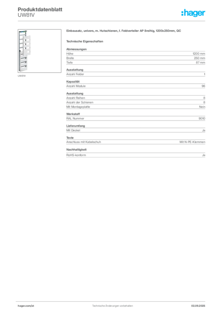 Bild Hager Produktdatenblatt UW81V | Hager Deutschland