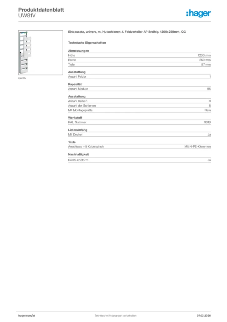 Bild Hager Produktdatenblatt UW81V | Hager Deutschland