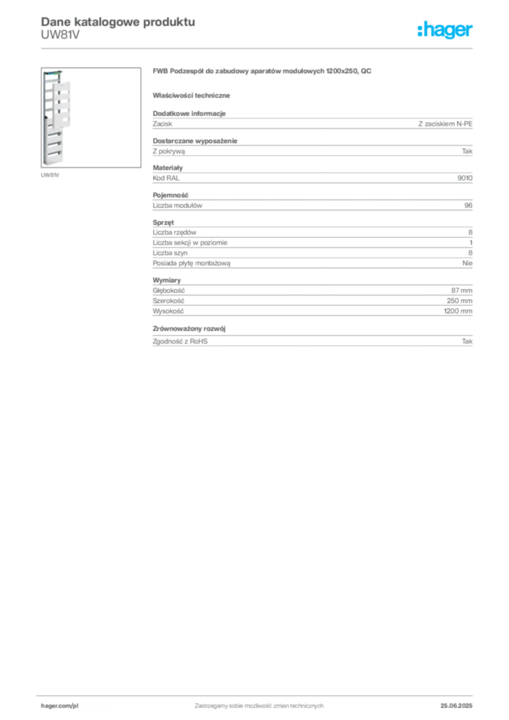 Zdjęcie Hager Karta katalogowa UW81V | Hager Polska