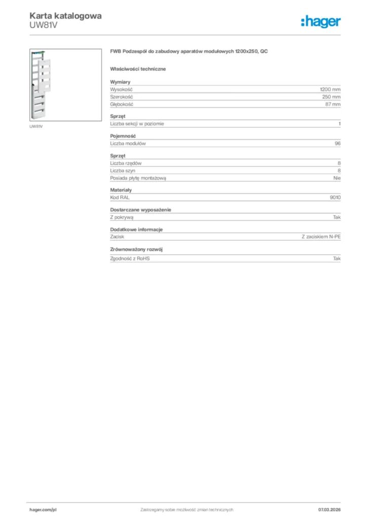 Zdjęcie Hager Karta katalogowa UW81V | Hager Polska