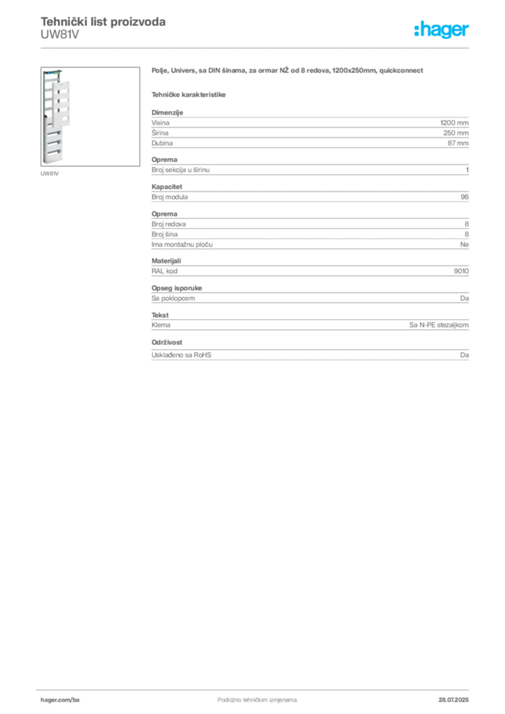 Slika Hager Product data sheet UW81V  | Hager
