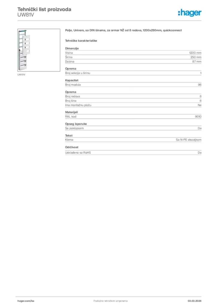 Slika Hager Tehnički list proizvoda UW81V  | Hager