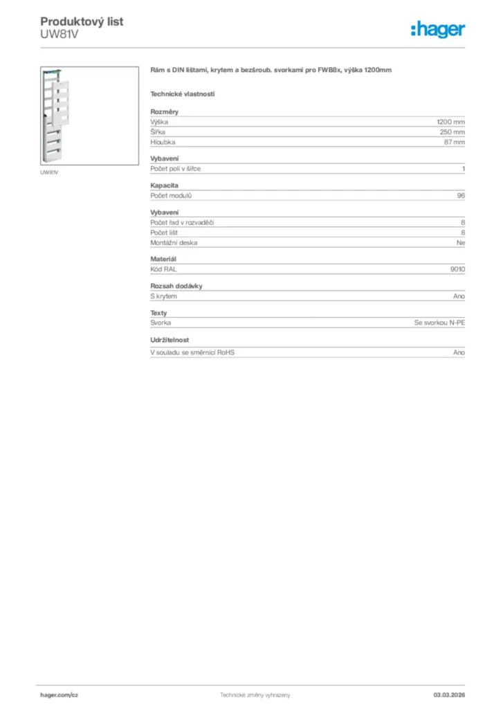 Obrázek Hager Product data sheet UW81V | Hager