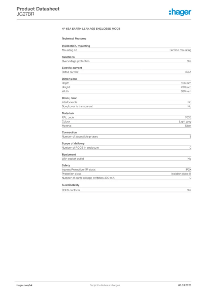 Image Hager Product data sheet JG27BR  | Hager