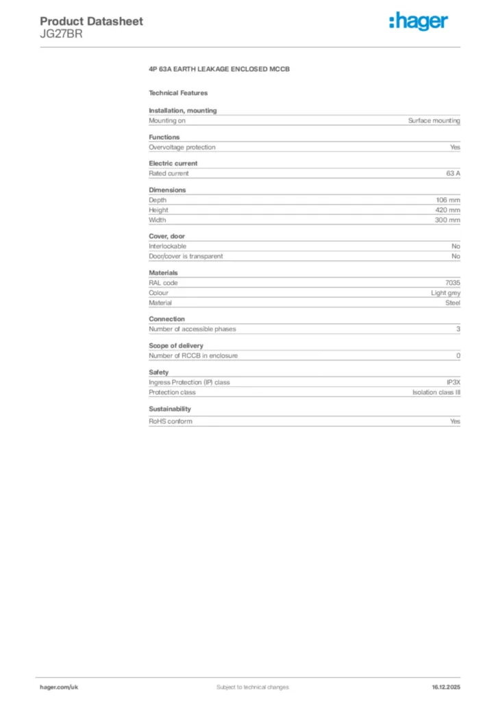 Image Hager Product data sheet JG27BR  | Hager