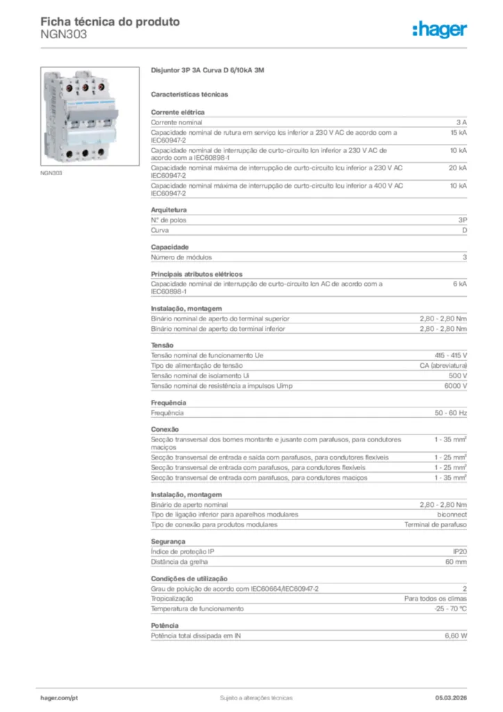 Imagem Hager Ficha técnica do produto NGN303 | Hager Portugal