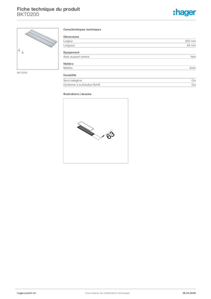 Image Hager Fiche technique du produit BKTD200 | Hager Suisse