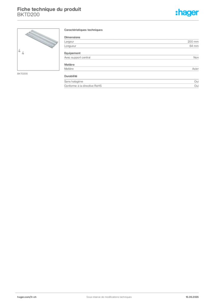 Image Hager Fiche technique du produit BKTD200 | Hager Suisse