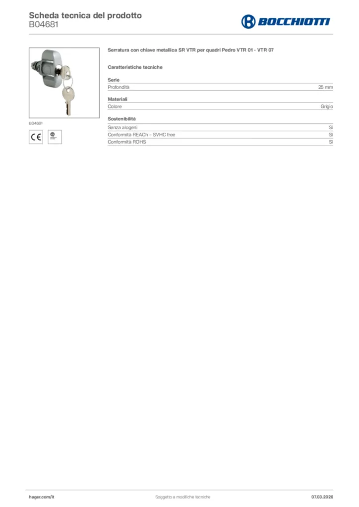 Immagine Bocchiotti Scheda tecnica del prodotto B04681 | Hager Italia