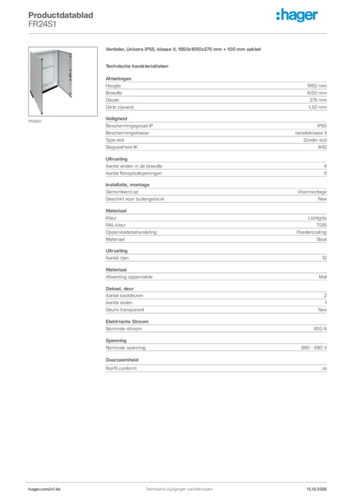 Afbeelding Hager Productdatablad FR24S1 | Hager Belgium