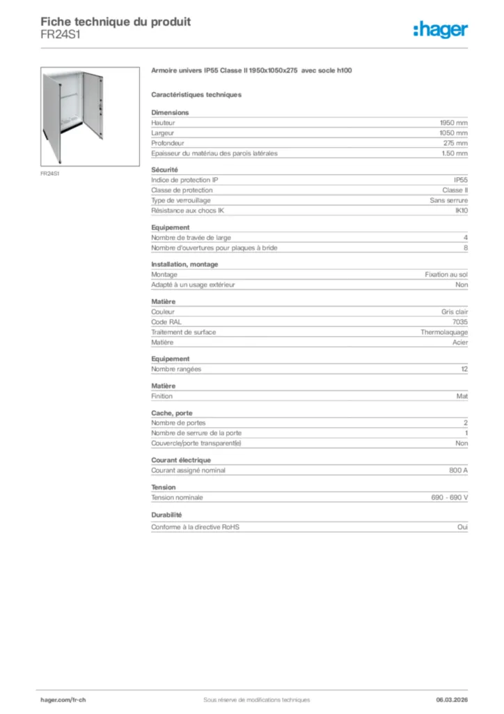 Image Hager Fiche technique du produit FR24S1 | Hager Suisse