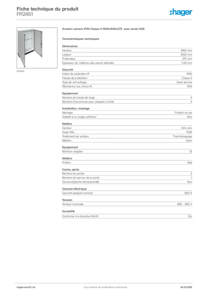 Image Hager Fiche technique du produit FR24S1 | Hager Suisse